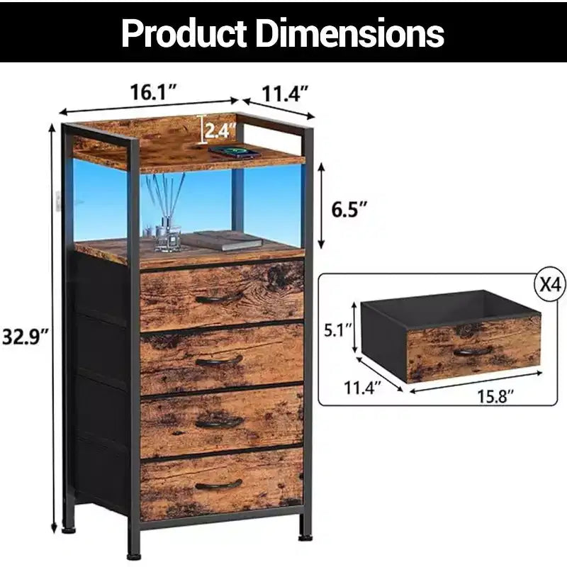 Table de chevet, bout de canapé avec 4 tiroirs de rangement en tissu, meuble de chevet avec étagère de rangement ouverte, table de nuit pour chambre à coucher, salon, bureau