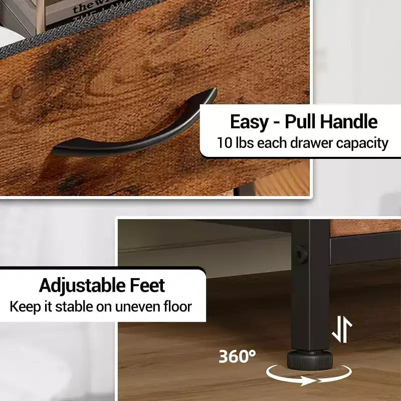 Table de chevet, bout de canapé avec 4 tiroirs de rangement en tissu, meuble de chevet avec étagère de rangement ouverte, table de nuit pour chambre à coucher, salon, bureau