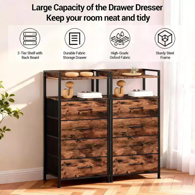 Table de chevet, bout de canapé avec 4 tiroirs de rangement en tissu, meuble de chevet avec étagère de rangement ouverte, table de nuit pour chambre à coucher, salon, bureau