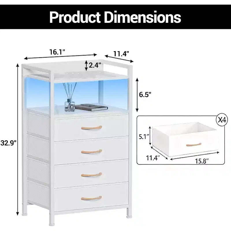 Table de chevet, bout de canapé avec 4 tiroirs de rangement en tissu, meuble de chevet avec étagère de rangement ouverte, table de nuit pour chambre à coucher, salon, bureau