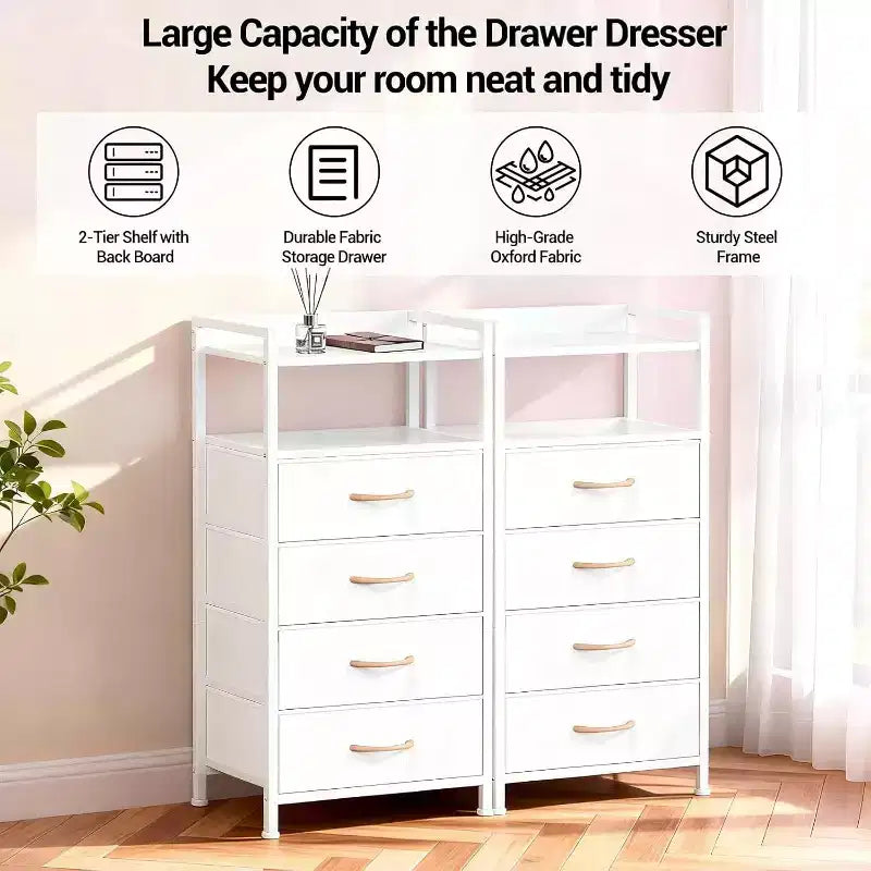 Table de chevet, bout de canapé avec 4 tiroirs de rangement en tissu, meuble de chevet avec étagère de rangement ouverte, table de nuit pour chambre à coucher, salon, bureau