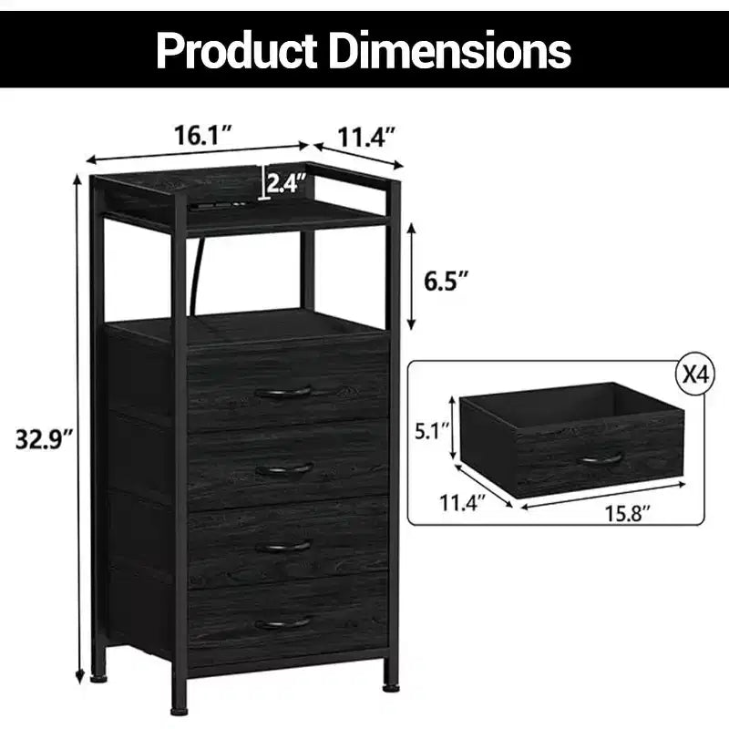 Table de chevet, bout de canapé avec 4 tiroirs de rangement en tissu, meuble de chevet avec étagère de rangement ouverte, table de nuit pour chambre à coucher, salon, bureau
