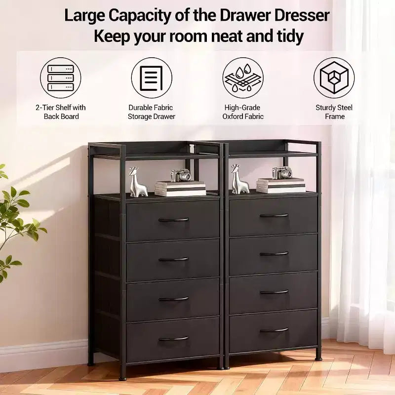 Table de chevet, bout de canapé avec 4 tiroirs de rangement en tissu, meuble de chevet avec étagère de rangement ouverte, table de nuit pour chambre à coucher, salon, bureau