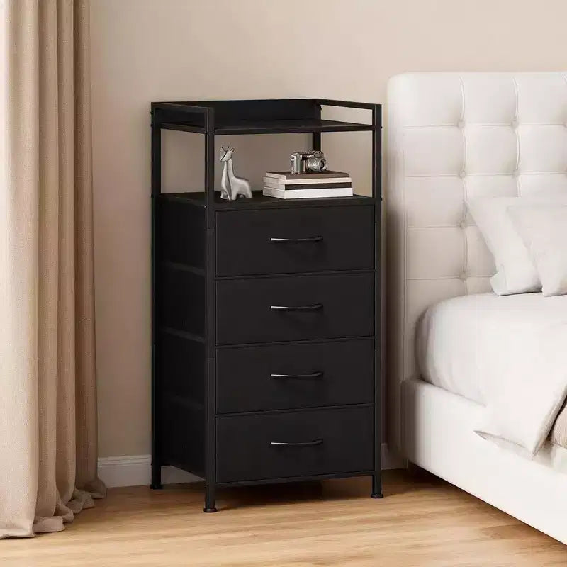 Table de chevet, bout de canapé avec 4 tiroirs de rangement en tissu, meuble de chevet avec étagère de rangement ouverte, table de nuit pour chambre à coucher, salon, bureau