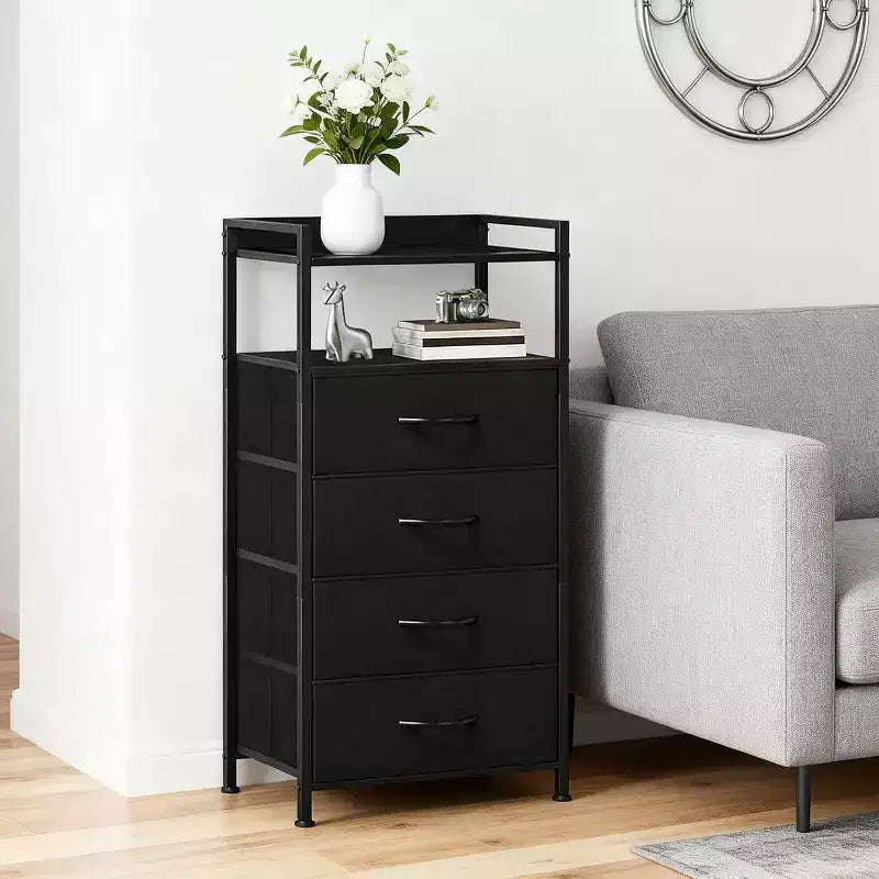 Bedside Table, Side End Table with 4 Fabric Storage Drawers, Bedside Cabinet with Open Storage Shelf, Nightstand for Bedroom, Livingroom, Office