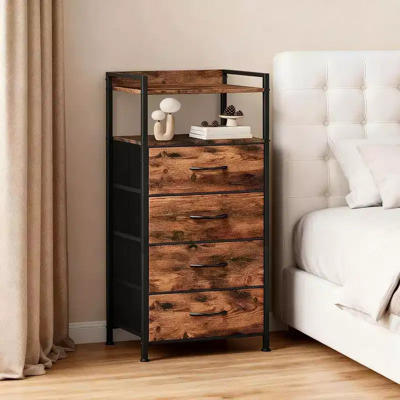 Table de chevet, bout de canapé avec 4 tiroirs de rangement en tissu, meuble de chevet avec étagère de rangement ouverte, table de nuit pour chambre à coucher, salon, bureau