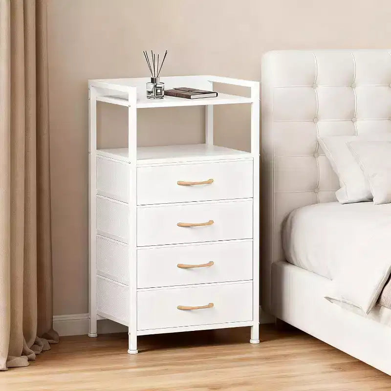 Table de chevet, bout de canapé avec 4 tiroirs de rangement en tissu, meuble de chevet avec étagère de rangement ouverte, table de nuit pour chambre à coucher, salon, bureau