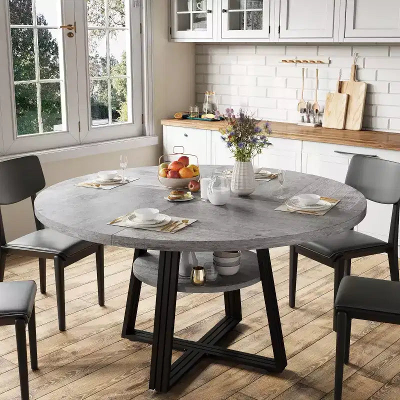 Table à manger ronde pour 4-6 personnes, table de cuisine de ferme de 42 pouces avec rangement, tables à dîner circulaires pour la cuisine, la salle à manger, le salon, la salle de réunion