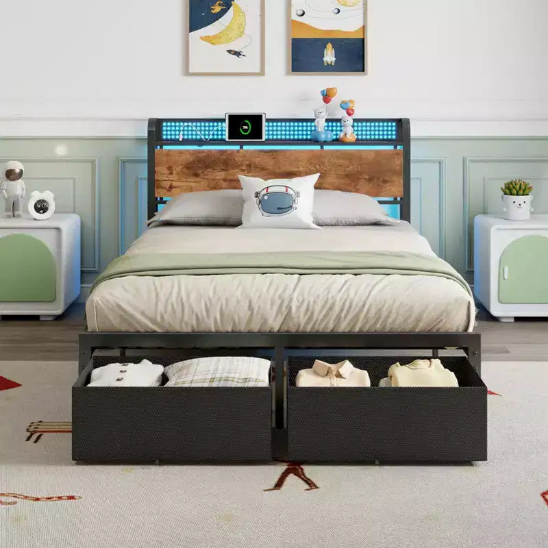 Full Size Platform Bed Frame 2 Storage Drawers Headboard LED Lights Charging Station Heavy Duty Metal Wood No Box Spring Needed Guest Bedroom USB