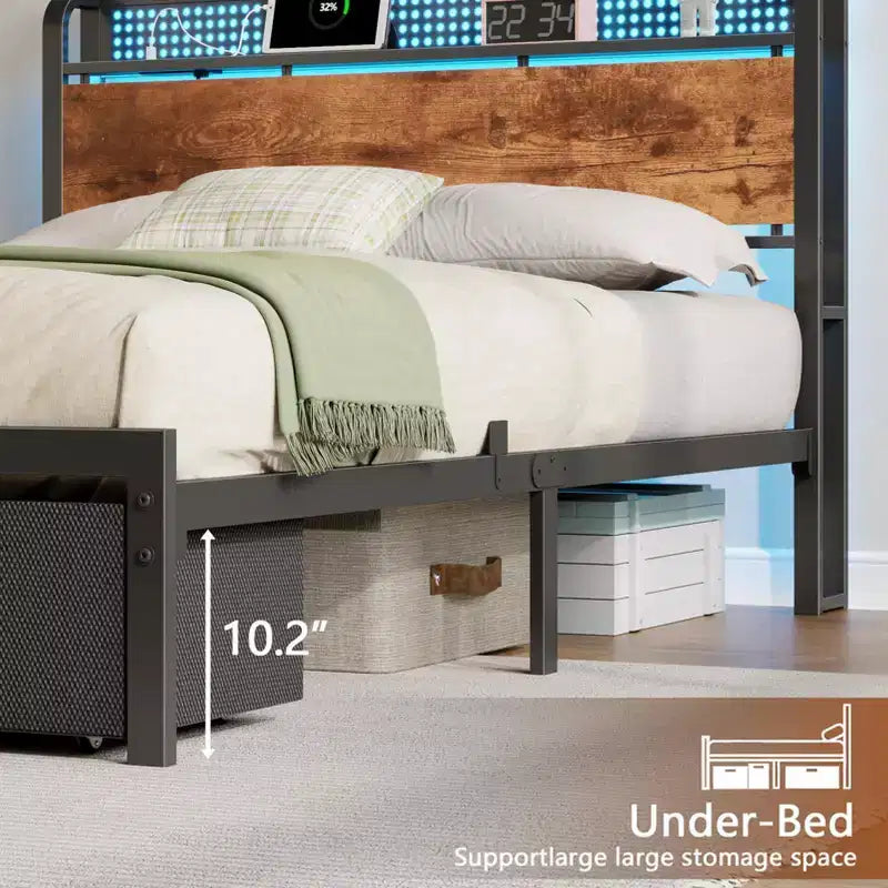 Cadre de lit plateforme pleine grandeur 2 tiroirs de rangement Tête de lit Lumières LED Station de charge Métal Bois robuste Pas besoin de sommier Chambre d'amis USB