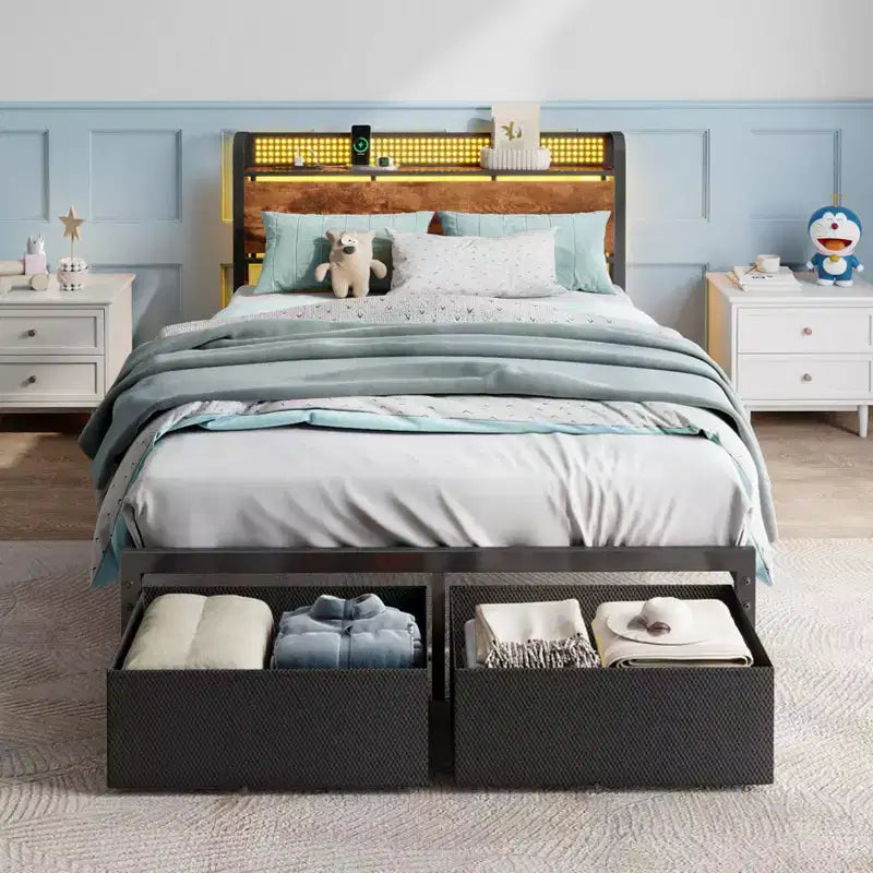 Cadre de lit plateforme pleine grandeur 2 tiroirs de rangement Tête de lit Lumières LED Station de charge Métal Bois robuste Pas besoin de sommier Chambre d'amis USB