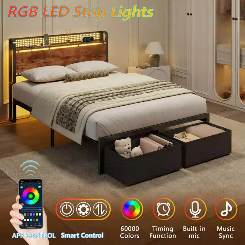 Cadre de lit plateforme pleine grandeur 2 tiroirs de rangement Tête de lit Lumières LED Station de charge Métal Bois robuste Pas besoin de sommier Chambre d'amis USB