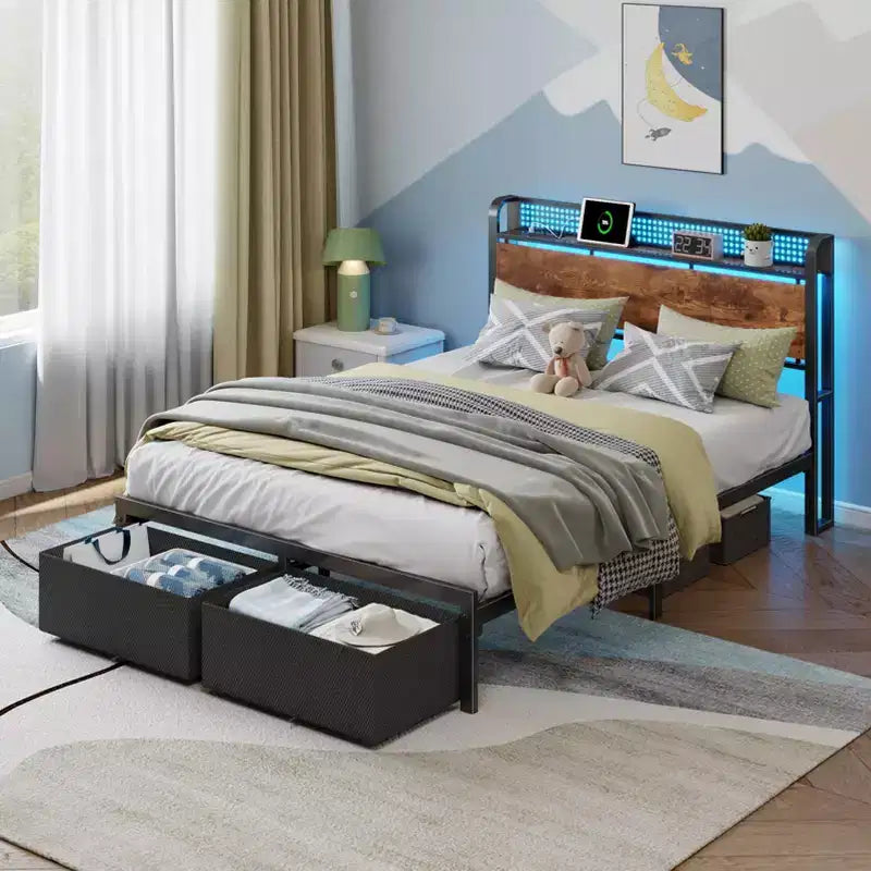Cadre de lit plateforme pleine grandeur 2 tiroirs de rangement Tête de lit Lumières LED Station de charge Métal Bois robuste Pas besoin de sommier Chambre d'amis USB
