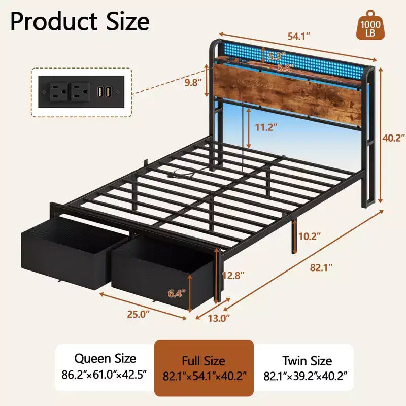 Cadre de lit plateforme pleine grandeur 2 tiroirs de rangement Tête de lit Lumières LED Station de charge Métal Bois robuste Pas besoin de sommier Chambre d'amis USB