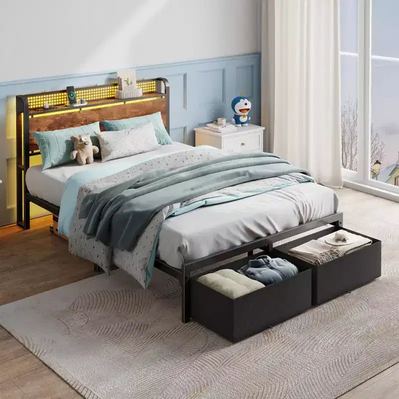 Cadre de lit plateforme pleine grandeur 2 tiroirs de rangement Tête de lit Lumières LED Station de charge Métal Bois robuste Pas besoin de sommier Chambre d'amis USB