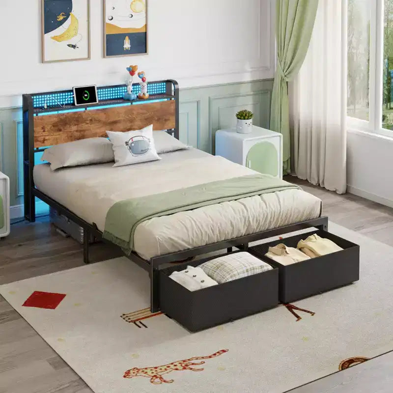 Cadre de lit plateforme pleine grandeur 2 tiroirs de rangement Tête de lit Lumières LED Station de charge Métal Bois robuste Pas besoin de sommier Chambre d'amis USB