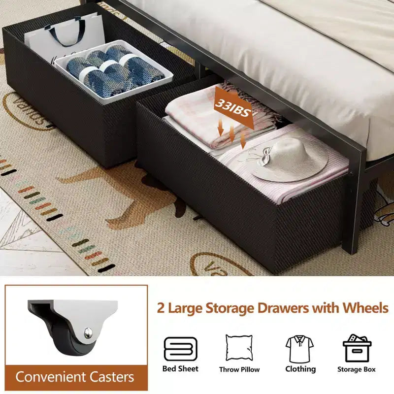 Cadre de lit plateforme pleine grandeur 2 tiroirs de rangement Tête de lit Lumières LED Station de charge Métal Bois robuste Pas besoin de sommier Chambre d'amis USB