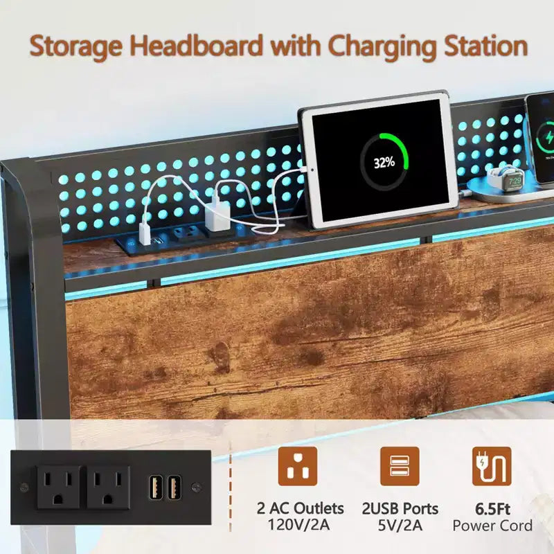 Cadre de lit plateforme pleine grandeur 2 tiroirs de rangement Tête de lit Lumières LED Station de charge Métal Bois robuste Pas besoin de sommier Chambre d'amis USB