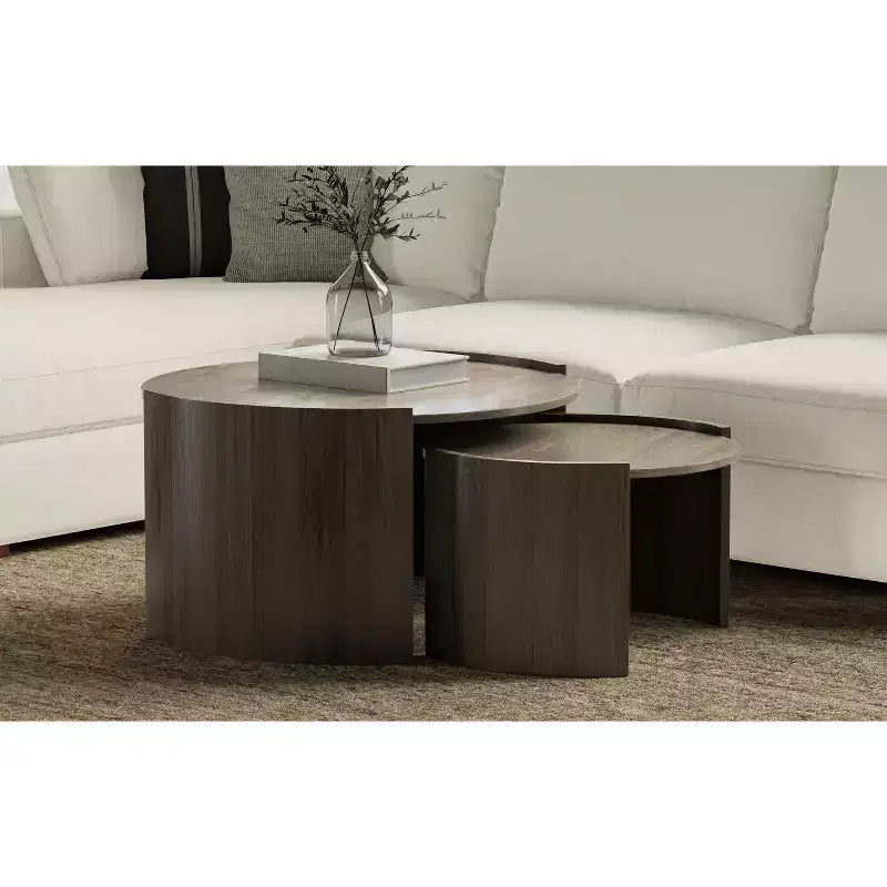 TABLE BASSE gigogne ronde contemporaine 2 pièces, 81 cm de large, en MANGUIER MASSIF, entièrement assemblée