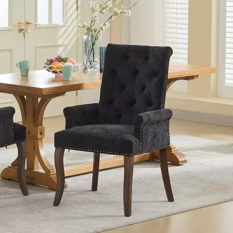 Chaise de salle à manger en chenille avec accoudoirs, lot de 1, avec pieds incurvés en bois massif, chaise de cuisine et de salle à manger capitonnée avec dossier haut pour le salon