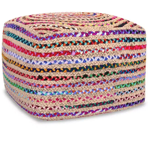 Mattise 20 inch Wide Boho Pouf in Multicolor Natural Jute/Cotton Chindi, Assembled
