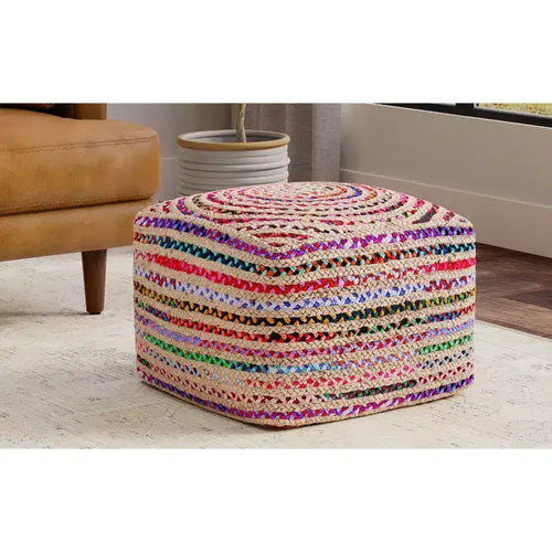 Pouf Bohème de 50,8 cm de Large en Jute Naturelle/Coton Chindi Multicolore, Assemblé