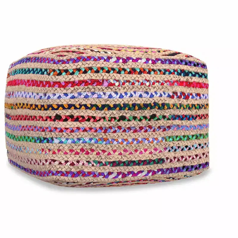 Pouf Bohème de 50,8 cm de Large en Jute Naturelle/Coton Chindi Multicolore, Assemblé