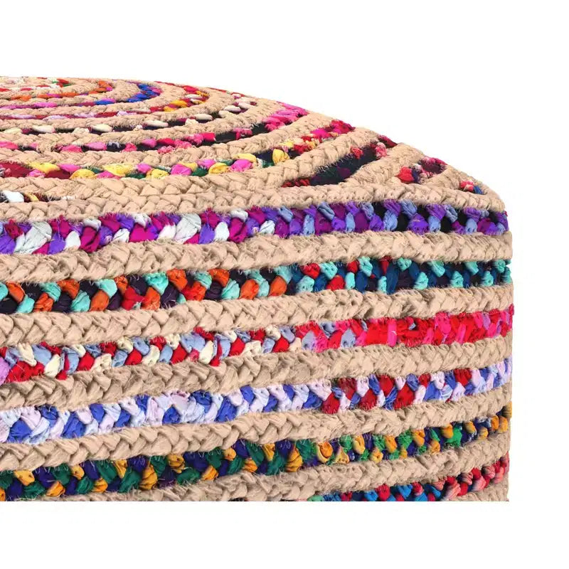 Pouf Bohème de 50,8 cm de Large en Jute Naturelle/Coton Chindi Multicolore, Assemblé