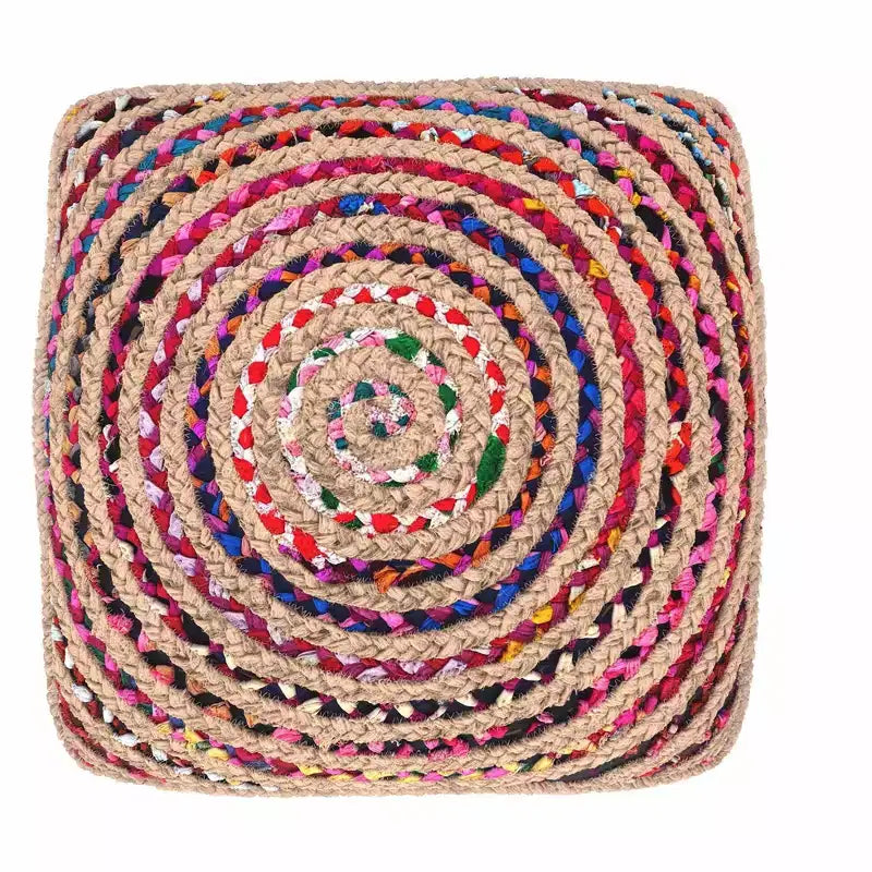 Pouf Bohème de 50,8 cm de Large en Jute Naturelle/Coton Chindi Multicolore, Assemblé