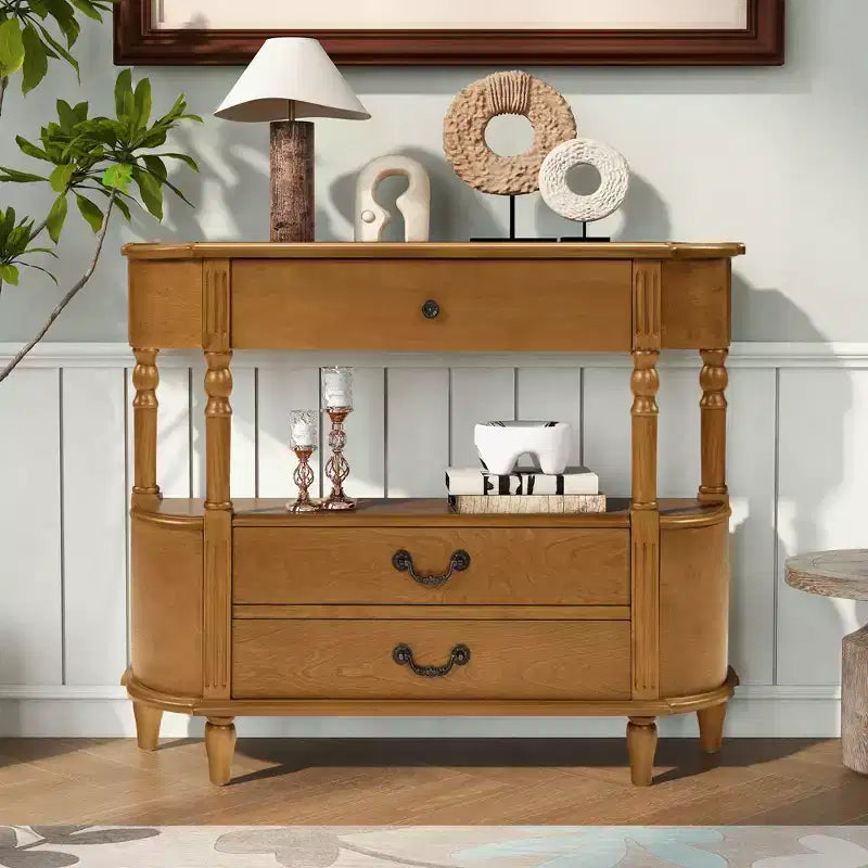 JVNOXK 43-inch Vintage Curved Wood Console Table with 3 Drawers, Entryway Table with Storage Shelf, Suitable for Living Room , Brown