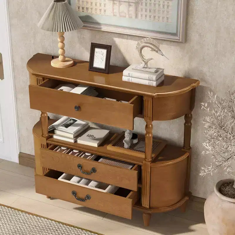 Console de table incurvée vintage en bois de 43 pouces avec 3 tiroirs, table d'entrée avec étagère de rangement, convient pour le salon, marron