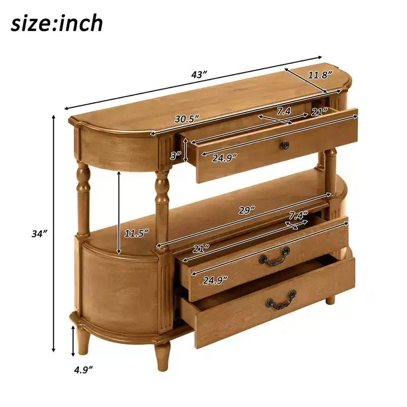 Console de table incurvée vintage en bois de 43 pouces avec 3 tiroirs, table d'entrée avec étagère de rangement, convient pour le salon, marron