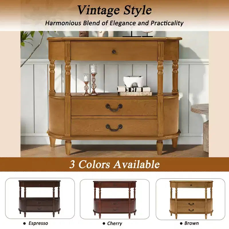Console de table incurvée vintage en bois de 43 pouces avec 3 tiroirs, table d'entrée avec étagère de rangement, convient pour le salon, marron