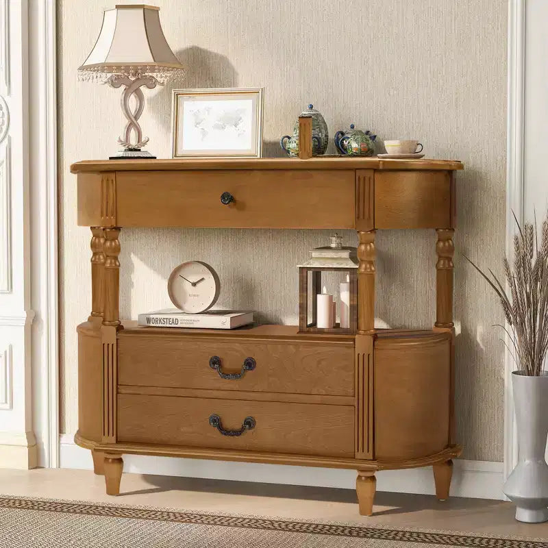 Console de table incurvée vintage en bois de 43 pouces avec 3 tiroirs, table d'entrée avec étagère de rangement, convient pour le salon, marron