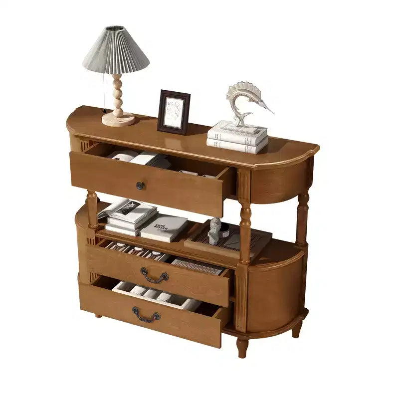 Console de table incurvée vintage en bois de 43 pouces avec 3 tiroirs, table d'entrée avec étagère de rangement, convient pour le salon, marron