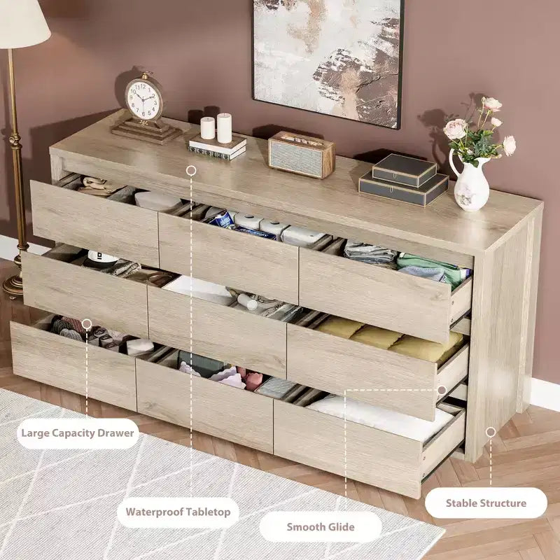 Commode à 9 tiroirs pour chambre à coucher, grande commode moderne en bois avec grand espace de rangement, organisateur de commode en bois pour salon, couloir, entrée