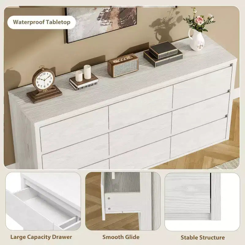 Commode à 9 tiroirs pour chambre à coucher, grande commode moderne en bois avec grand espace de rangement, organisateur de commode en bois pour salon, couloir, entrée