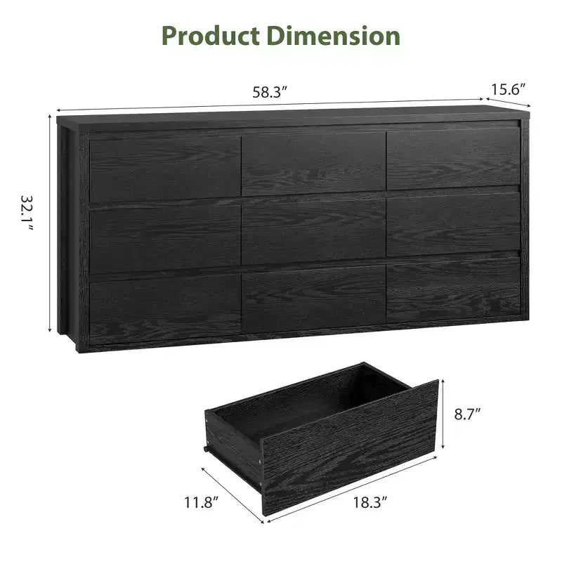 Commode à 9 tiroirs pour chambre à coucher, grande commode moderne en bois avec grand espace de rangement, organisateur de commode en bois pour salon, couloir, entrée