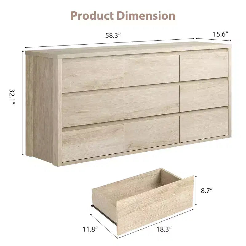 Commode à 9 tiroirs pour chambre à coucher, grande commode moderne en bois avec grand espace de rangement, organisateur de commode en bois pour salon, couloir, entrée