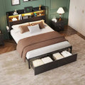 Full Size Platform Bed Frame with Storage Drawers Headboard Shelf LED Lights Charging Station Industrial Black Metal No Box Spring Needed Teen