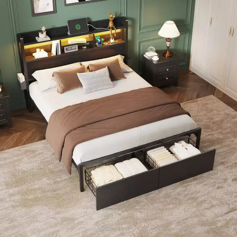 Full Size Platform Bed Frame with Storage Drawers Headboard Shelf LED Lights Charging Station Industrial Black Metal No Box Spring Needed Teen
