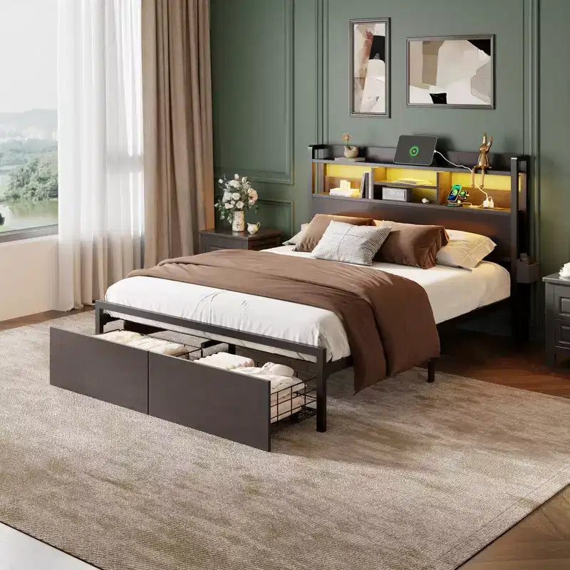 Cadre de lit plateforme pleine grandeur avec tiroirs de rangement, tête de lit avec étagère, lumières LED, station de chargement, métal noir industriel, aucun sommier tapissier requis, pour adolescent