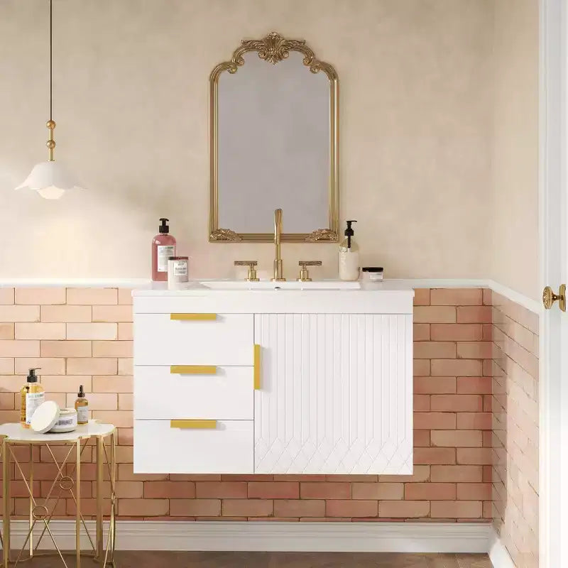 Bathroom Vanity 30-Inch Wall-Mounted with Ceramic Sink, Drawers, and Soft-Close Doors; Modern Bathroom Vanity