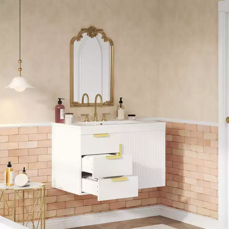 Meuble-lavabo mural de 30 pouces avec lavabo en céramique, tiroirs et portes à fermeture douce; Meuble-lavabo moderne