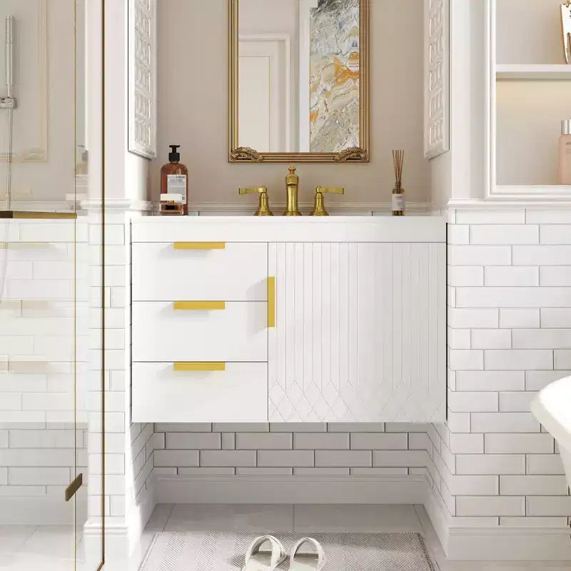 Meuble-lavabo mural de 30 pouces avec lavabo en céramique, tiroirs et portes à fermeture douce; Meuble-lavabo moderne