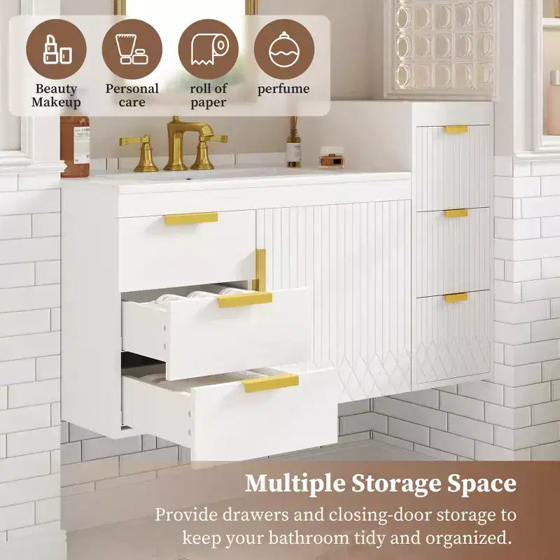 Meuble-lavabo mural de 30 pouces avec lavabo en céramique, tiroirs et portes à fermeture douce; Meuble-lavabo moderne