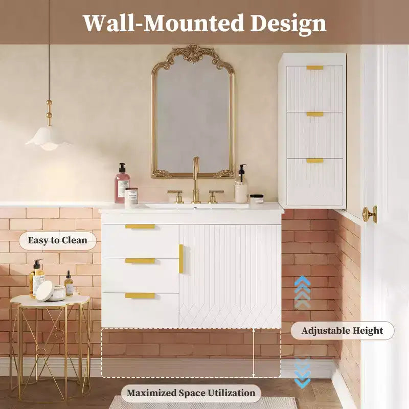 Meuble-lavabo mural de 30 pouces avec lavabo en céramique, tiroirs et portes à fermeture douce; Meuble-lavabo moderne