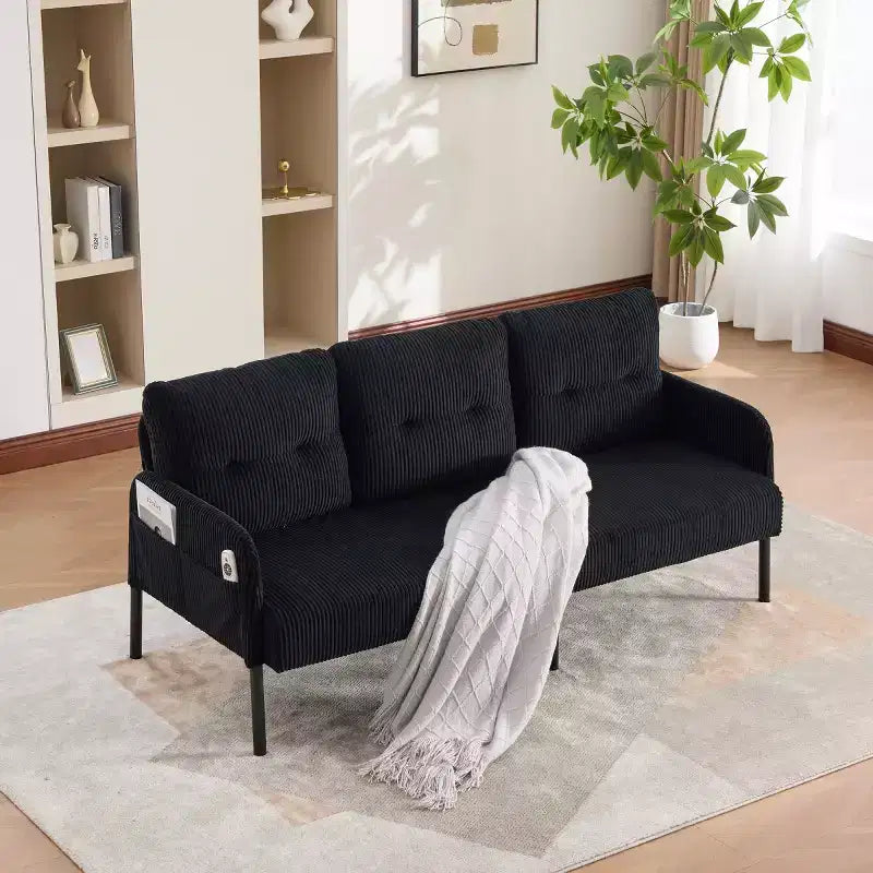 Canapé moderne surdimensionné pour deux personnes, canapé en velours côtelé 2 places avec pieds en métal et poches latérales pour salon, chambre, dortoir ou appartement