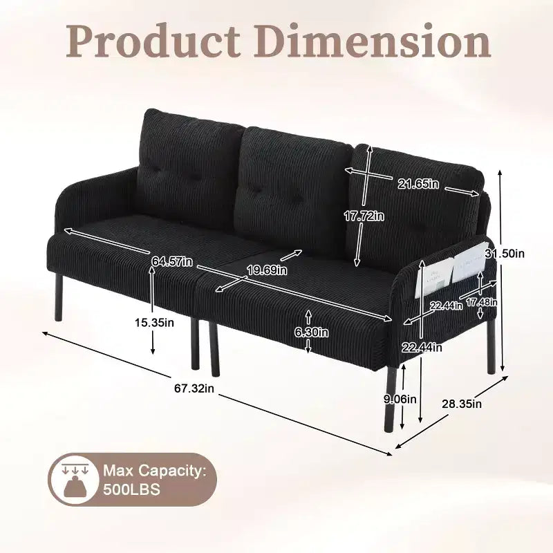 Canapé moderne surdimensionné pour deux personnes, canapé en velours côtelé 2 places avec pieds en métal et poches latérales pour salon, chambre, dortoir ou appartement
