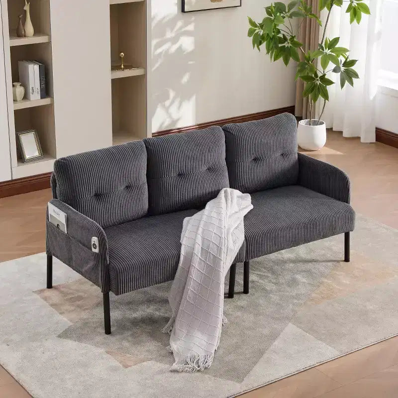 Canapé moderne surdimensionné pour deux personnes, canapé en velours côtelé 2 places avec pieds en métal et poches latérales pour salon, chambre, dortoir ou appartement